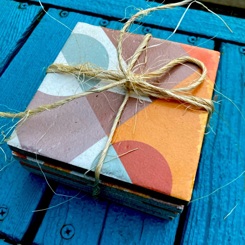 Tiles Coasters HANDMADE MCM Geometric Modern Orange Blue White Brown Tan New